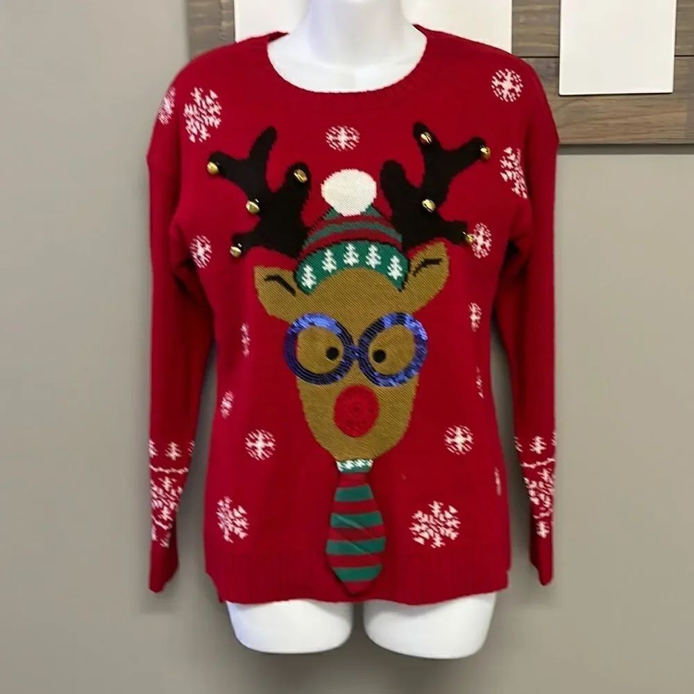 United States Sweater Red Christmas Crewneck Sweater with Reindeer & Bells-Small